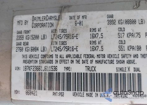 2001 Dodge Ram 2500 St from USA, damaged, VIN 1B7KF23661J611536